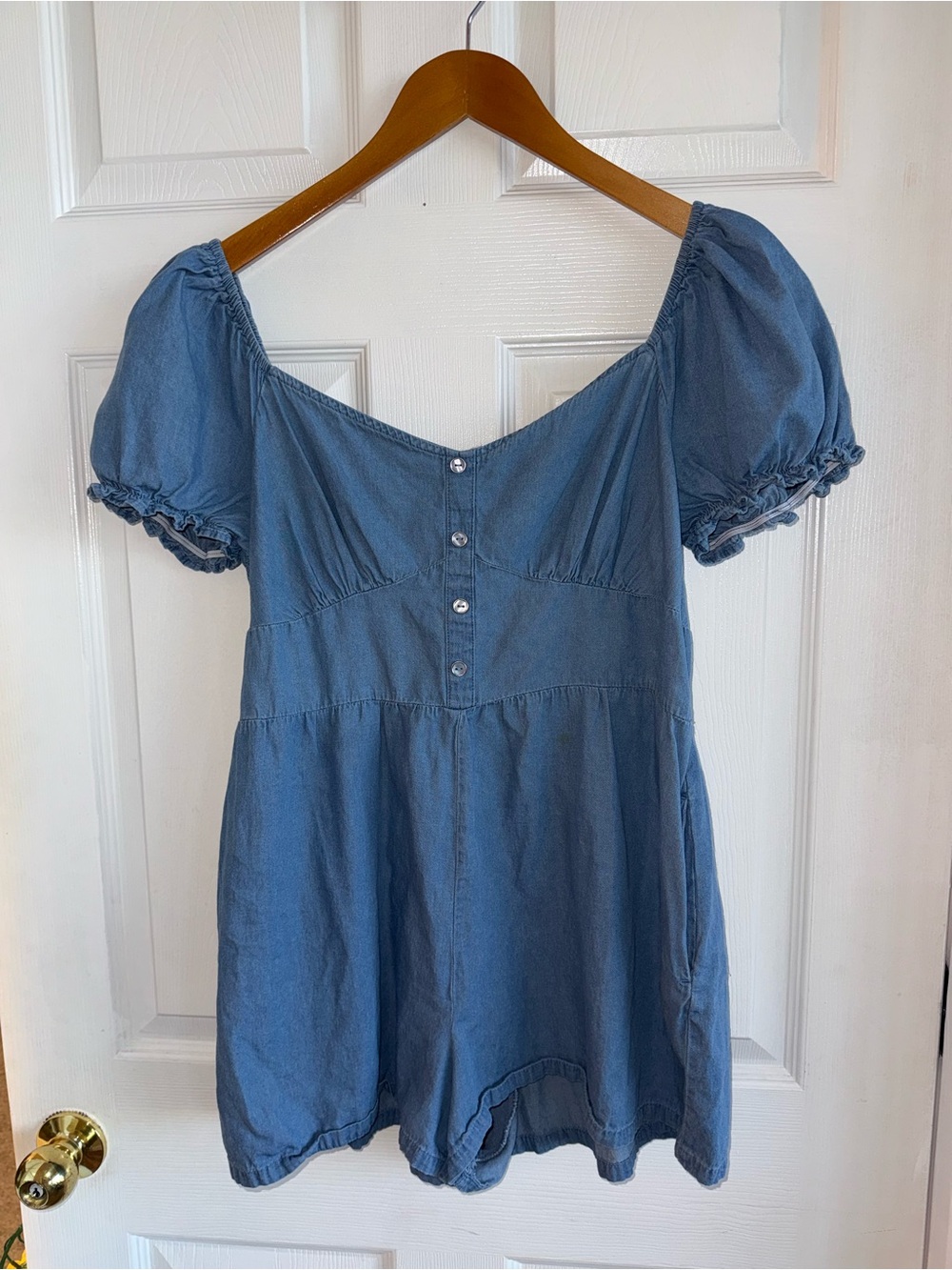 Blue Puff-Sleeve Denim Romper